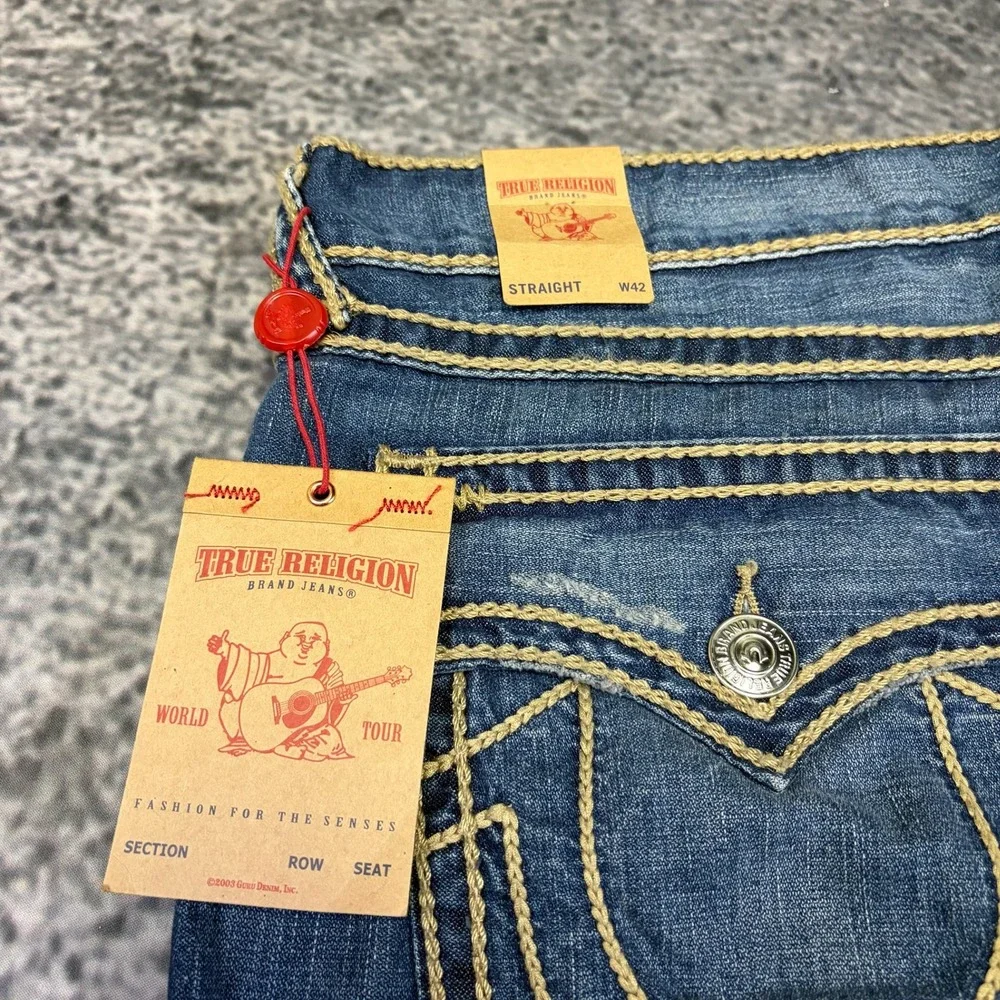 NWT True Religion Section Straight Jeans 44x34 Blue Contrast Stitch Flap Pockets
